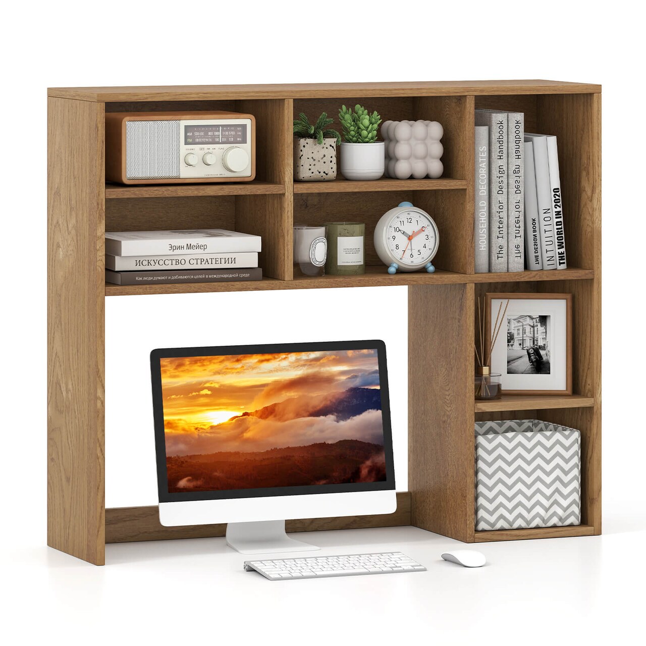 Costway Desktop Bookshelf Desk Storage Hutch with 7 Open Cubbies & 3 Adjustable Shelves Natural/Beige/Gray/Brown/White